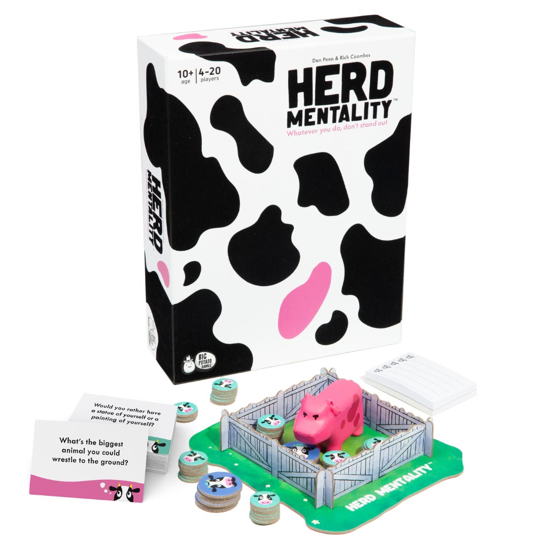 Best game for Christmas, Herd Mentality box with questions cards and pink cow