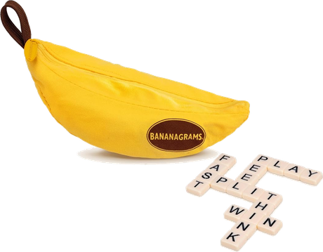 Bananagrams banana pouch and tiles, a word game for the garden