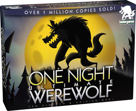 One Night Ultimate Werewolf box art, a ten-minute hidden role game for large groups