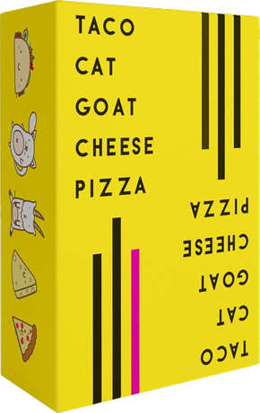 Taco Cat Goat Cheese Pizza box art, a fast card game for kids outdoors